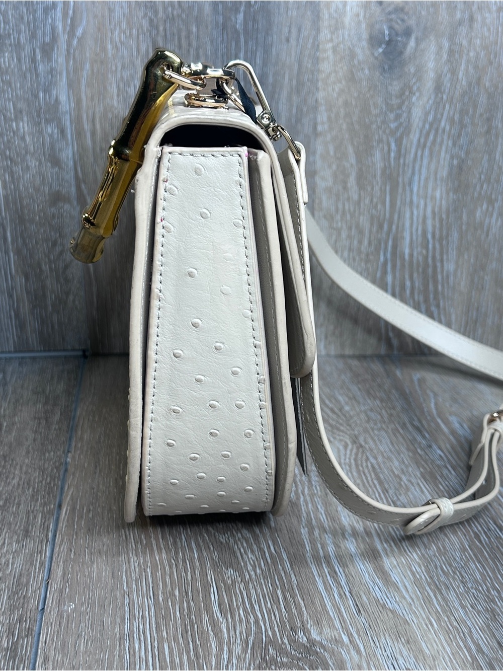 Sharif Legacy Cream Ostrich Lambskin Leather Bamboo Handle Satchel w/Dustbag NWT - Picture 3 of 16